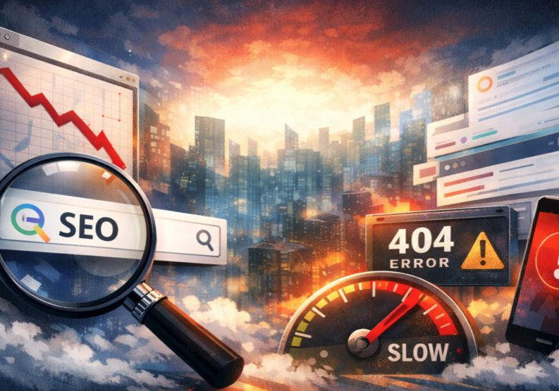 Illustration showing website SEO issues including slow load speed, broken pages, and search visibility problems